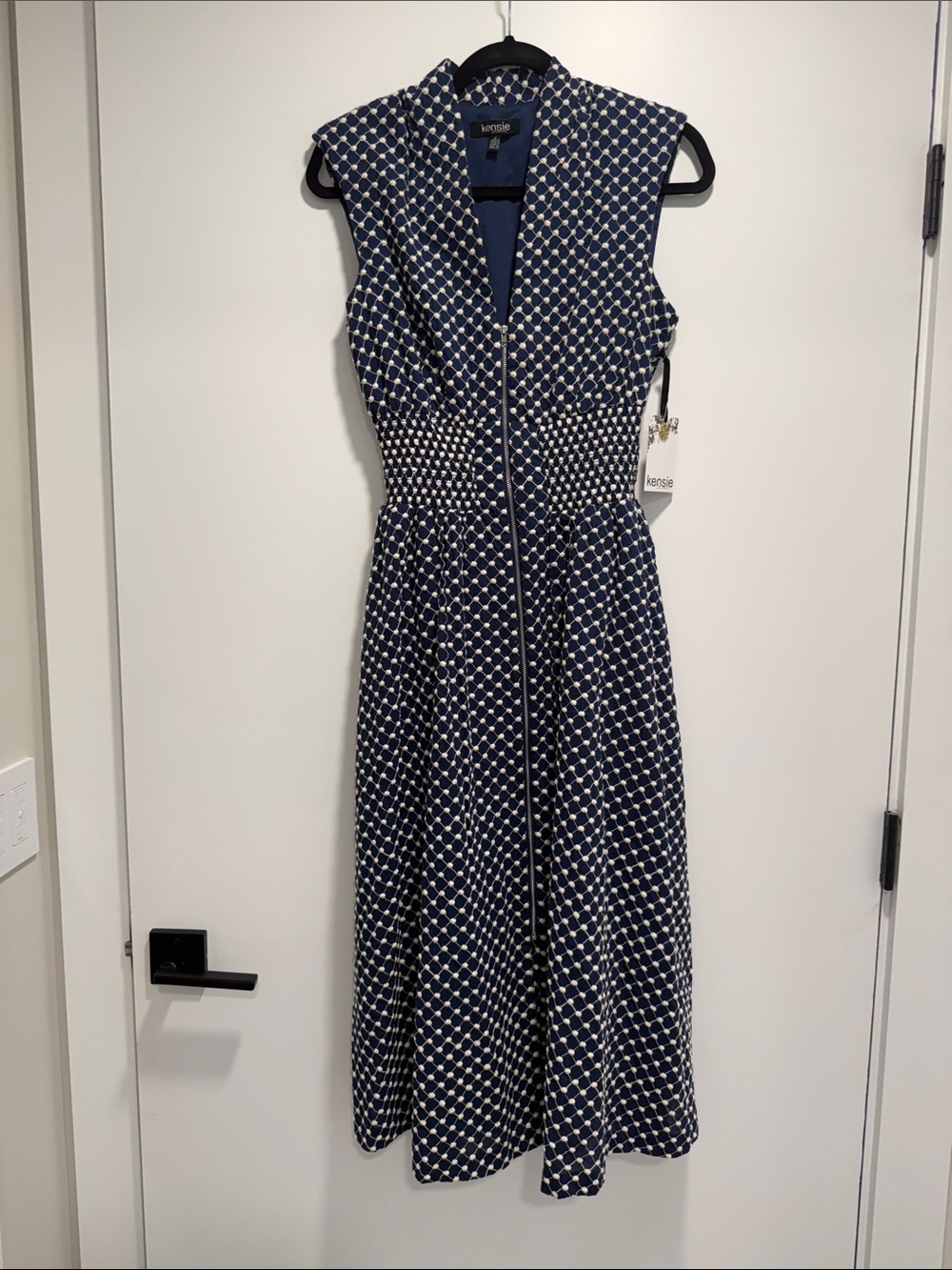 Kensie Navy and White Geometric Zip-Front Midi Dress
